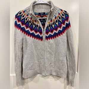 Chaps Women’s Knitted Gray Zip-up Sweater With Multi Color Pattern Size Small